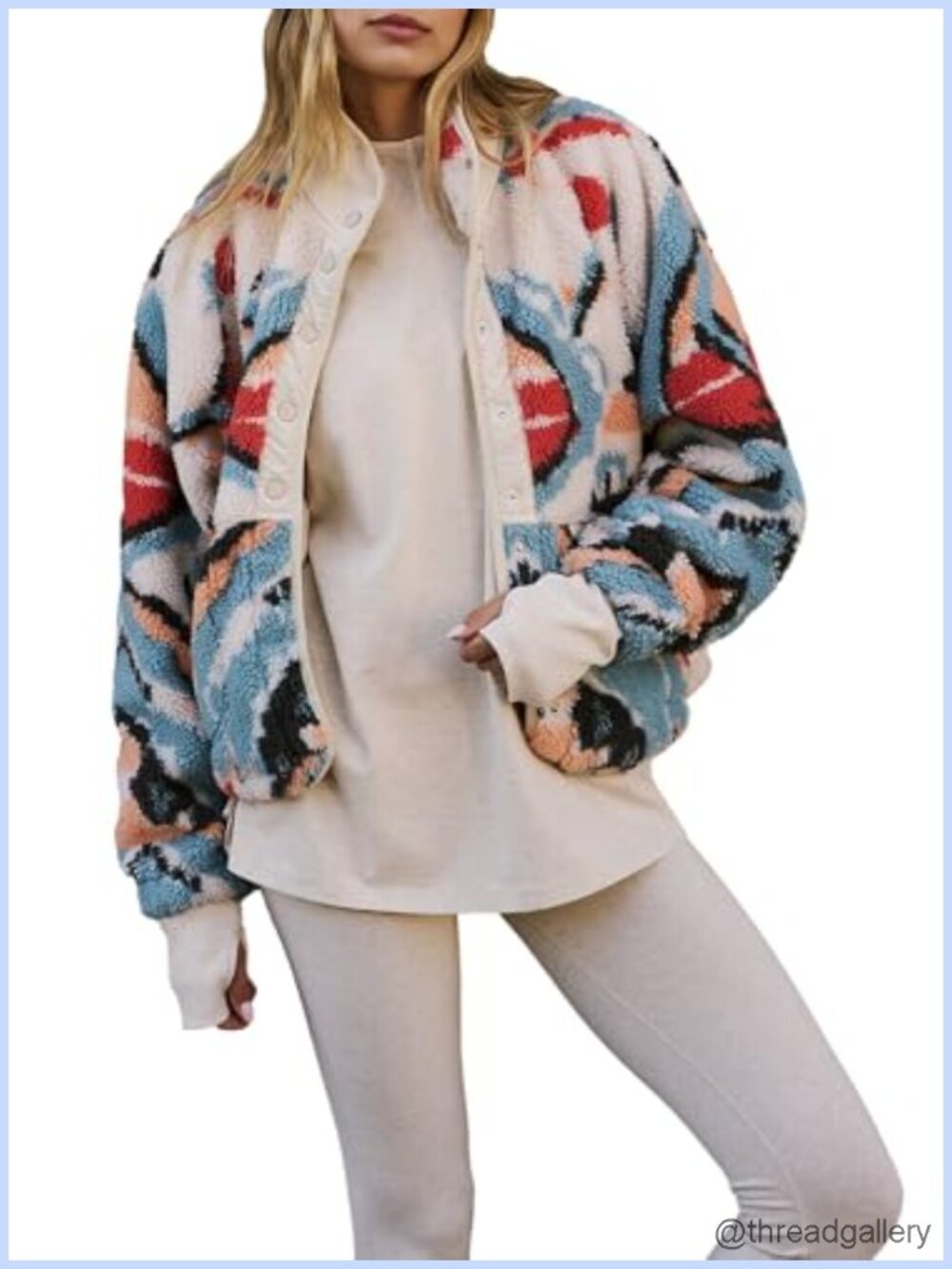 Women's Printed Sherpa Fleece Jacket Button Down Fuzzy Coat with Pockets